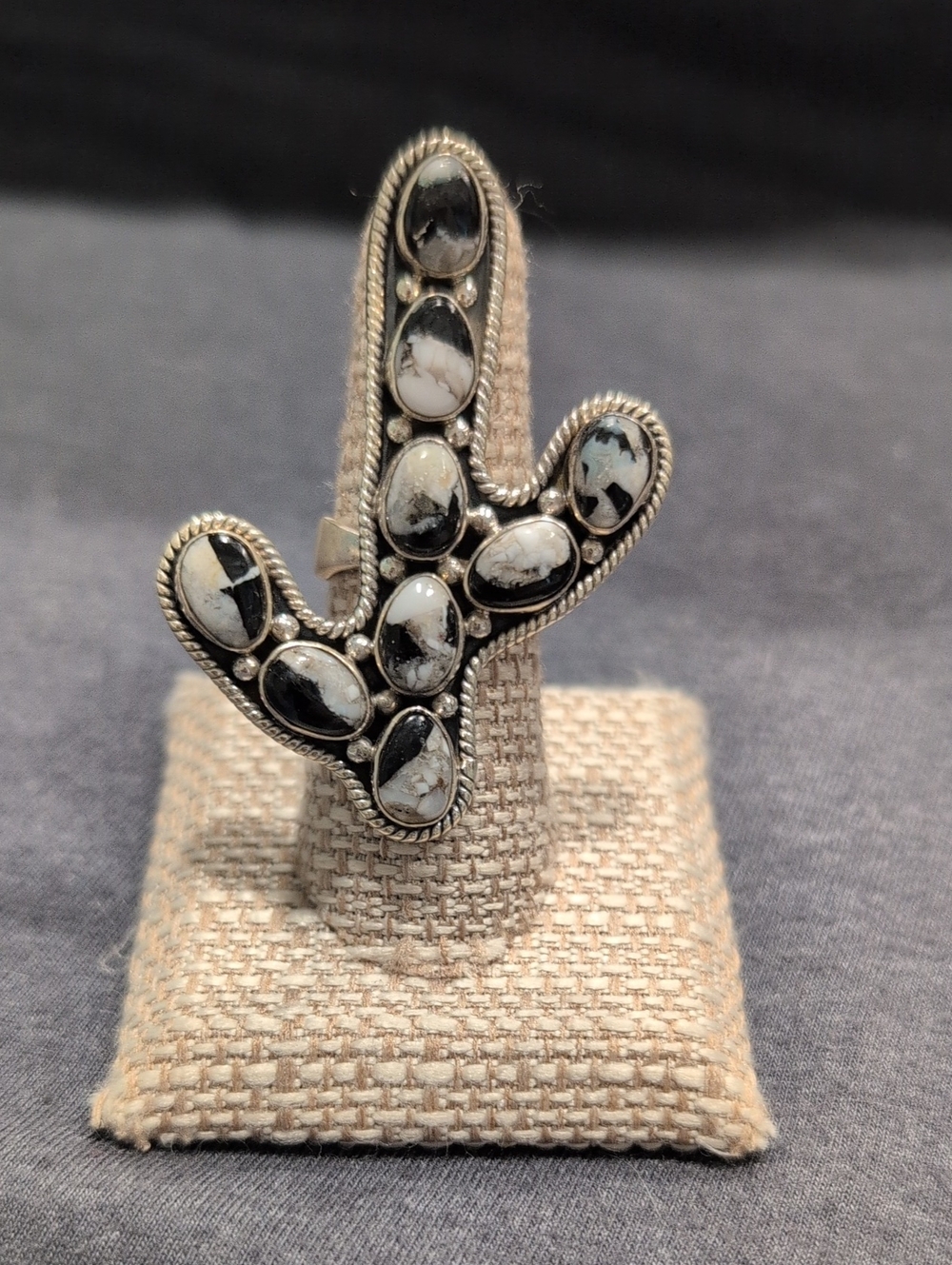 Sterling Silver Black White Howlite Cactus Statement Ring